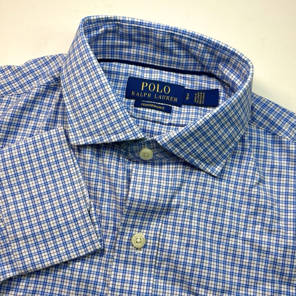 New Polo Ralph Lauren Performance Mens Small Blue White Check Stretch Shirt